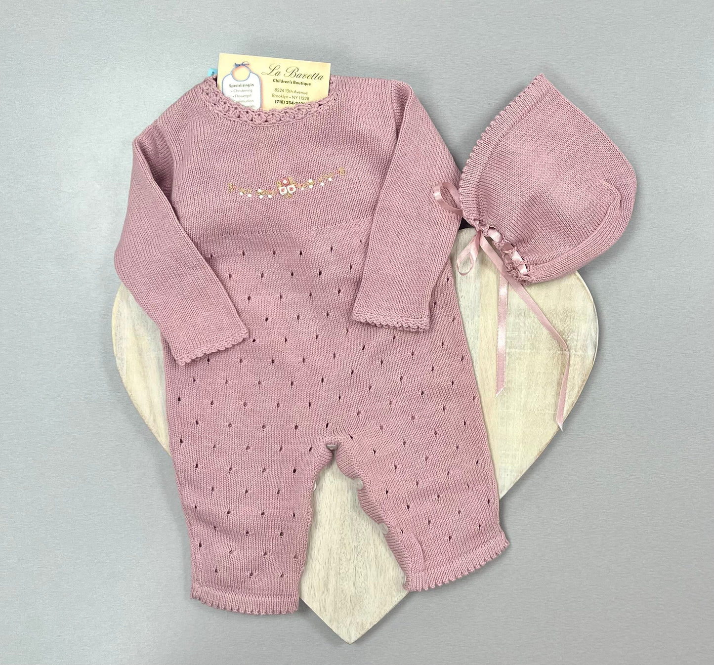Pink Knit Baby Romper Set with Bonnet -Lucera