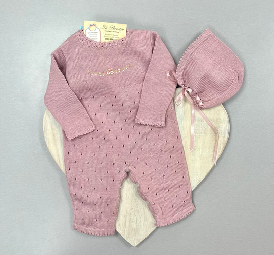 Pink Knit Baby Romper Set with Bonnet -Lucera
