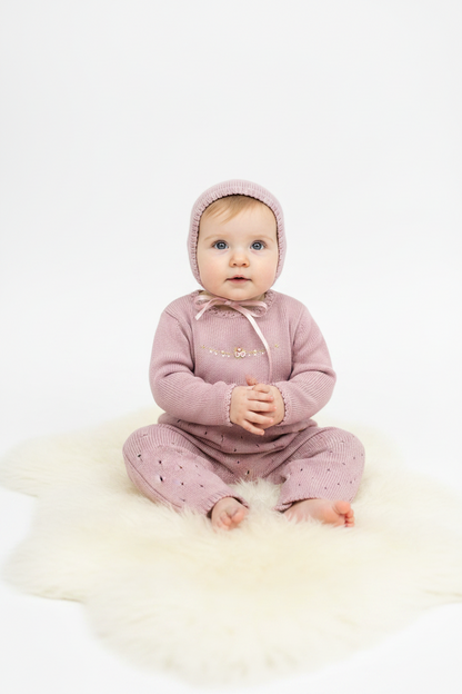 Pink Knit Baby Romper Set with Bonnet -Lucera