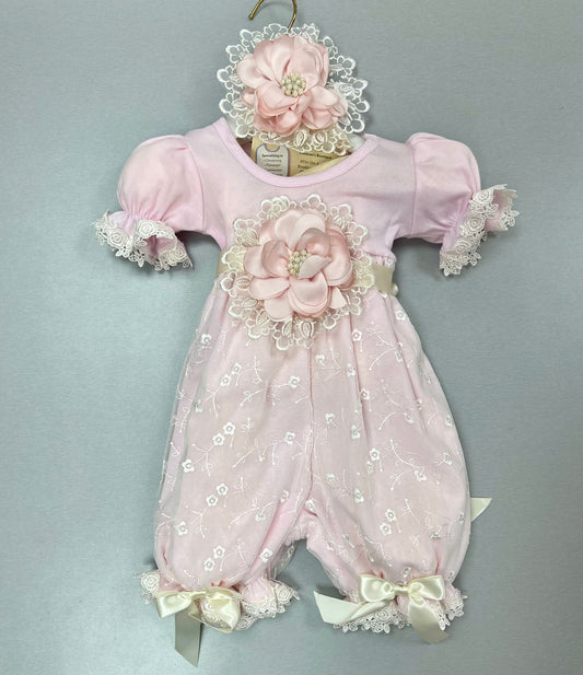 Baby Girl Lace Romper & Headband Set – Pink