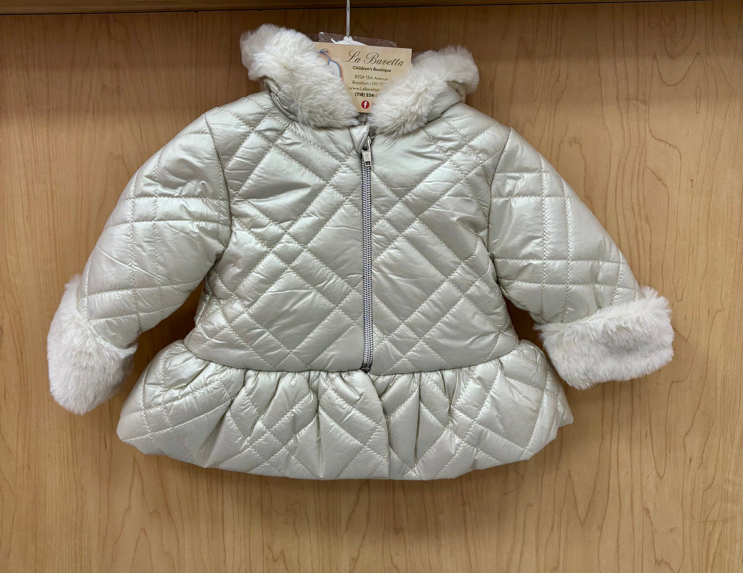 Baby Girl Quilted Metallic Coat with Faux Fur Trim