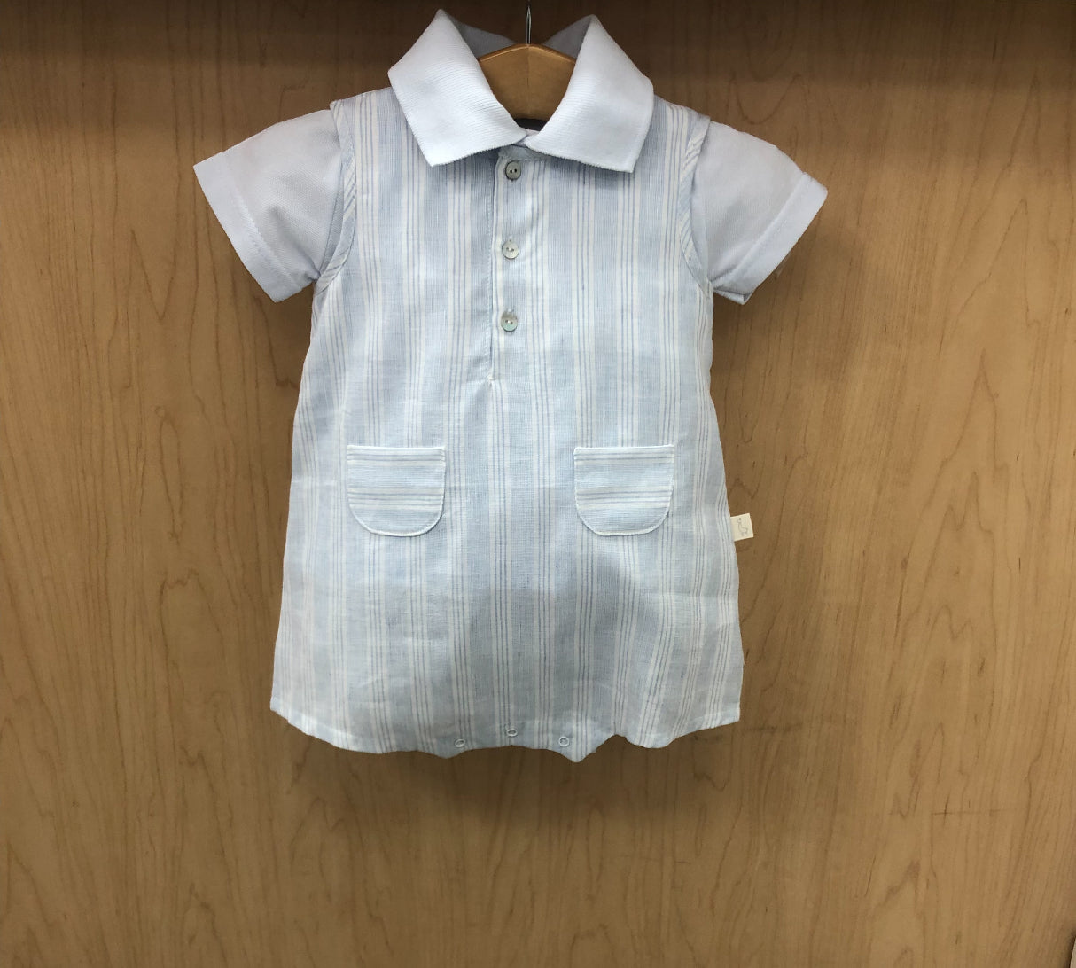 Baby boy powder blue and white striped  romper
