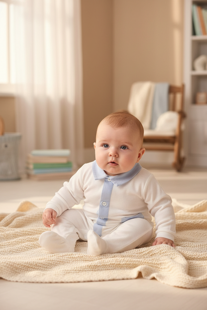Baby Boy White & Blue cotton  Romper