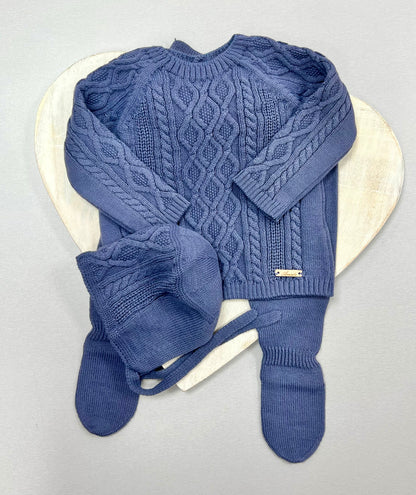 Cable knit midnight Blue pants set W/Bonnet