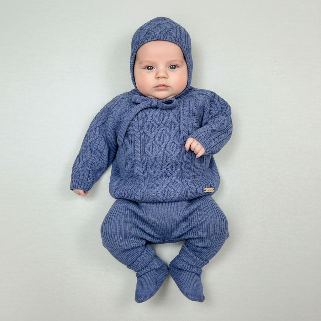 Cable knit midnight Blue pants set W/Bonnet