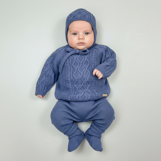 Cable knit midnight Blue pants set W/Bonnet