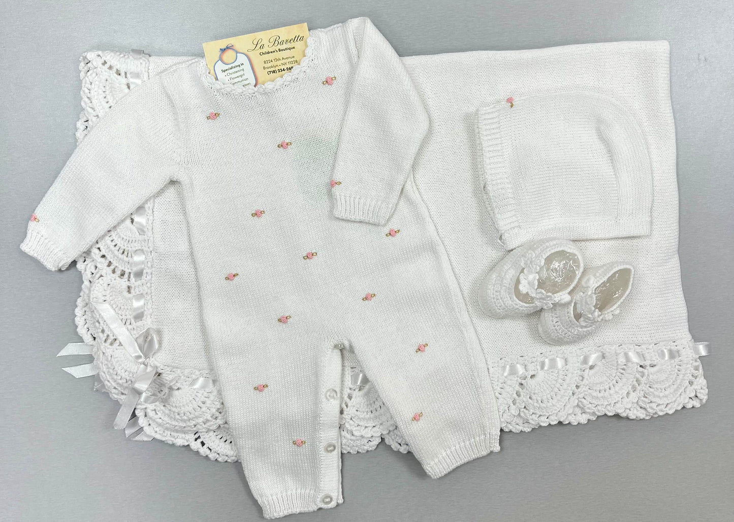 Girls Cotton knit white with pink embroidered flowers  Take me home set
