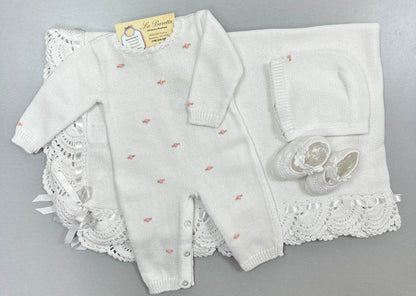 Girls Cotton knit white with pink embroidered flowers  Take me home set