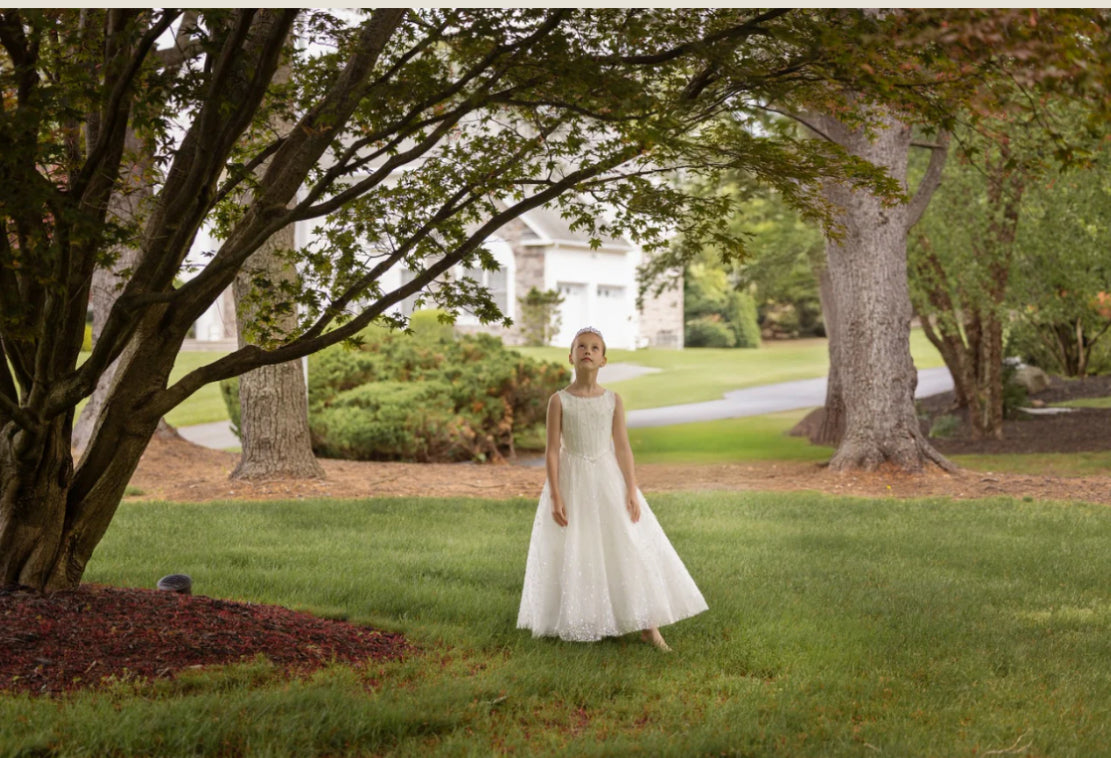 Diamond White Beaded  gown, Basque Waist Communion Dress