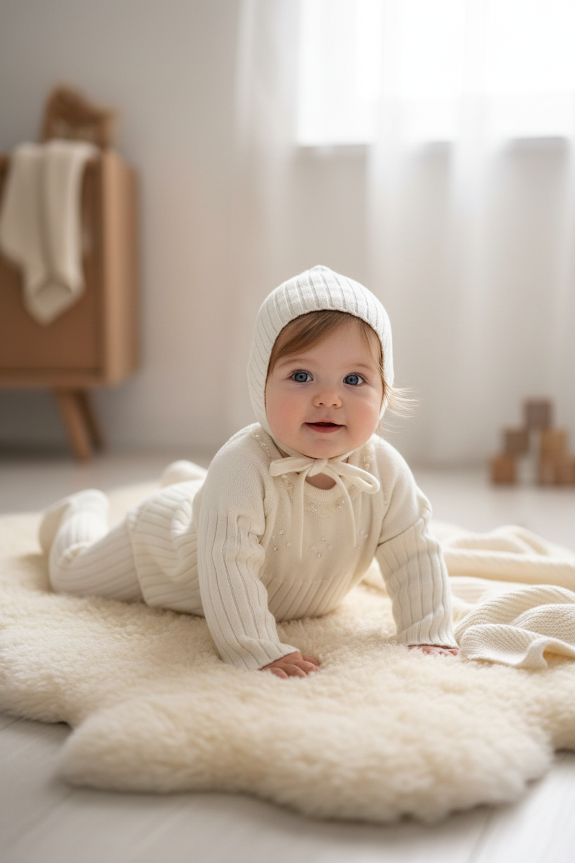 Baby Ribbed Knit 2-Piece Set with Bonnet – Ivory