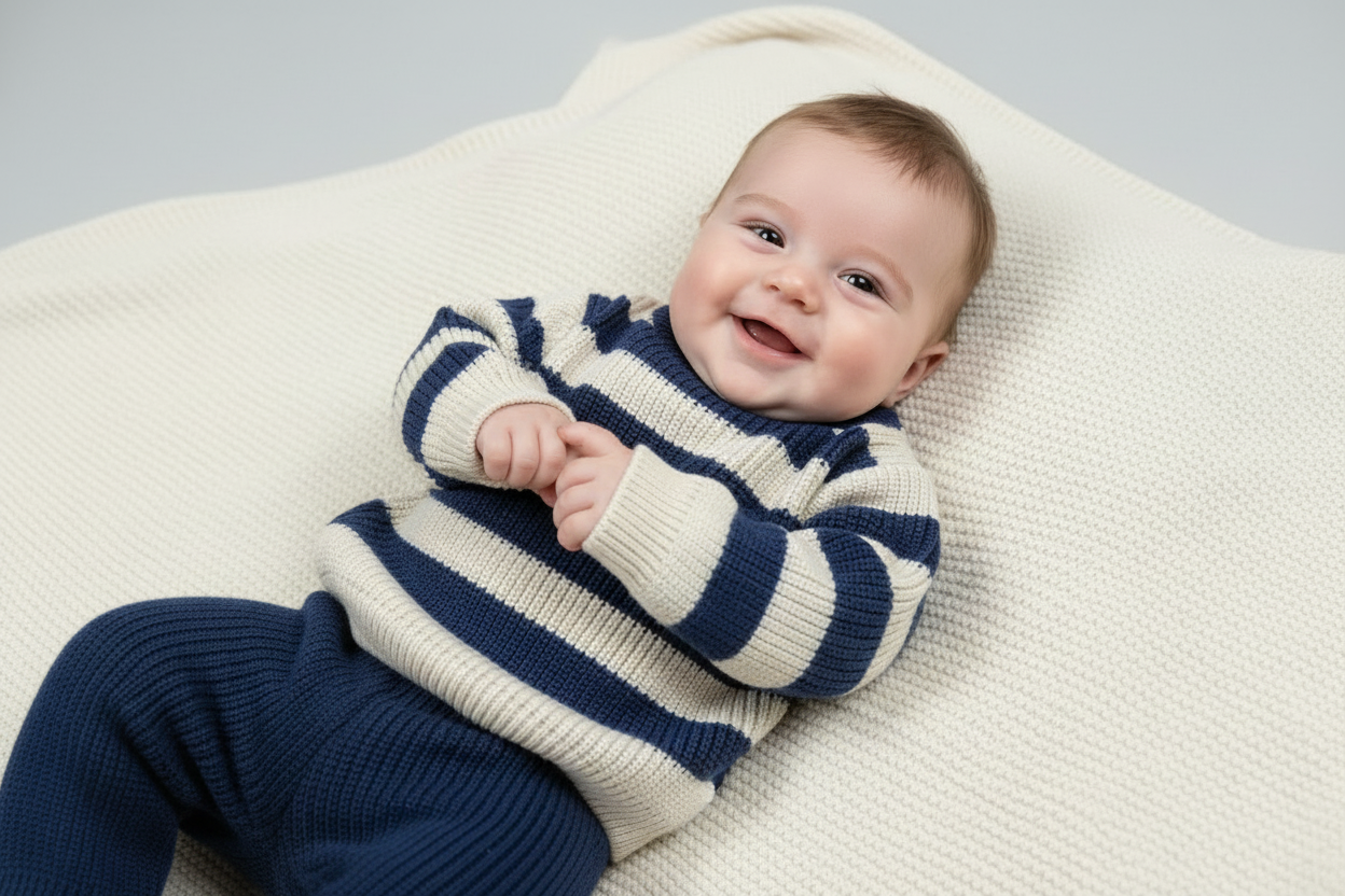 Blue and cream Baby Boy soft knit pants set w/Hat