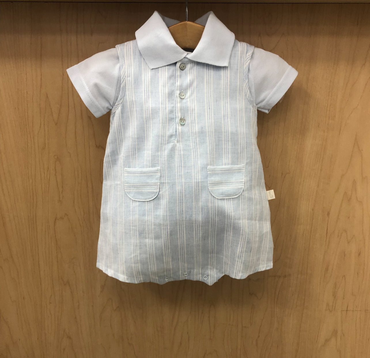 Baby boy powder blue and white striped  romper