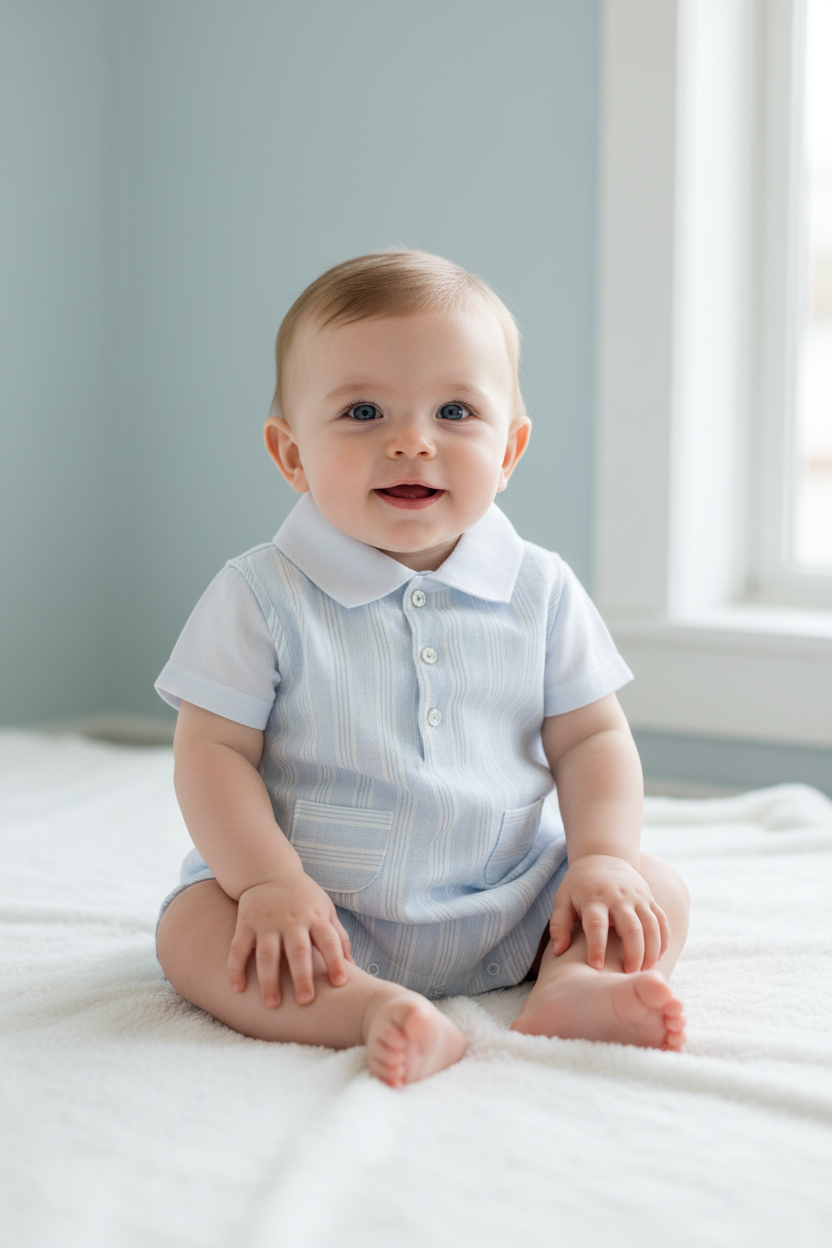 Baby boy powder blue and white striped  romper