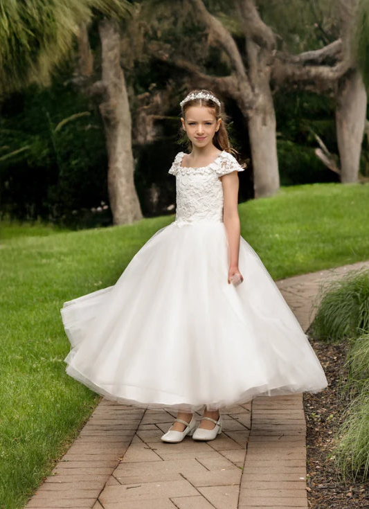 Diamond White off shoulder cap sleeve venice lace first Communion
dress