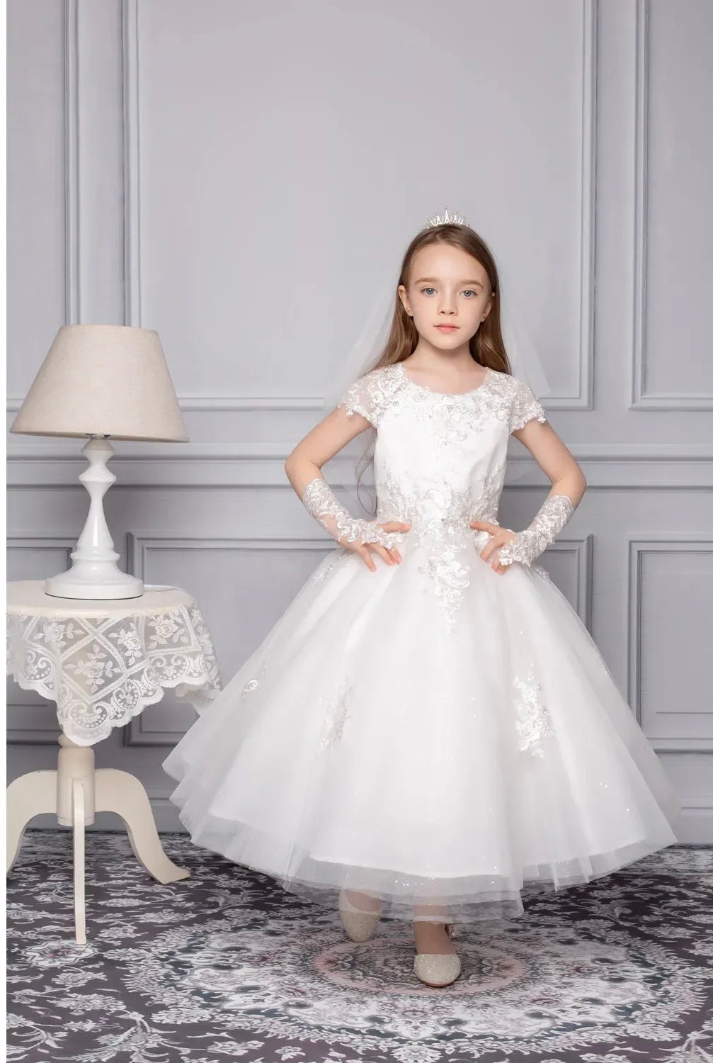 White  embroidered Bodice with cap sleeve communion Dress