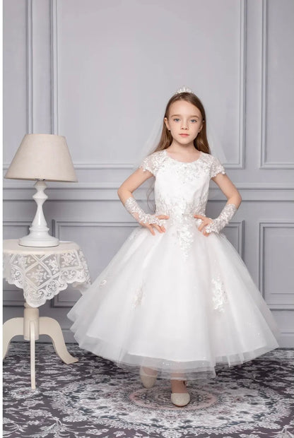 White  embroidered Bodice with cap sleeve communion Dress