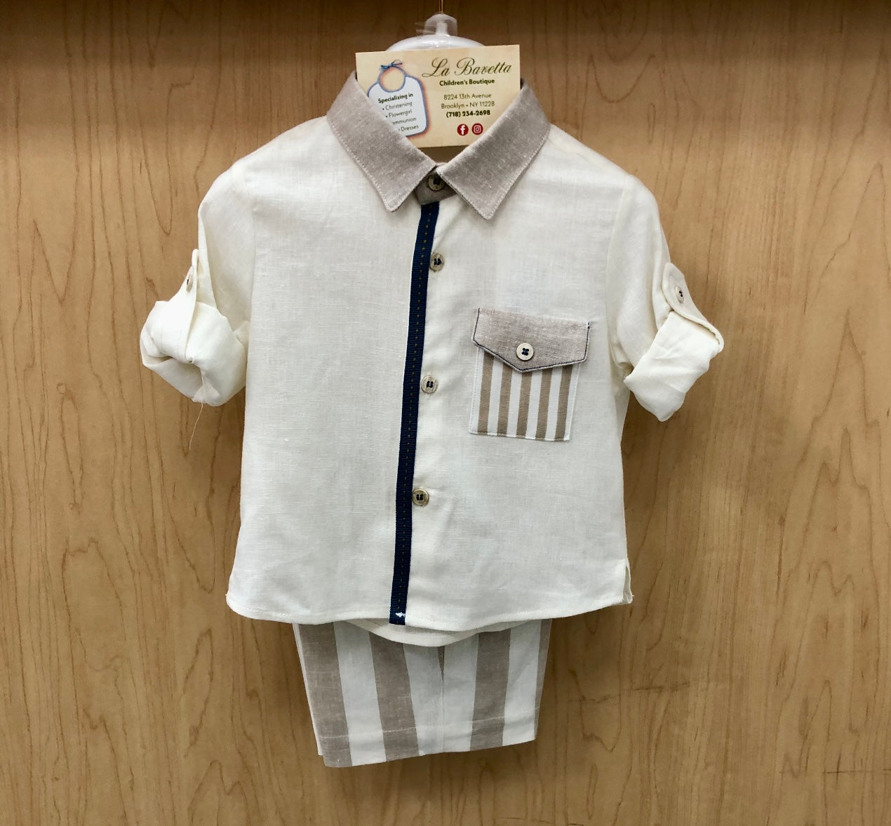 Beige linen boys shorts set made in Italy