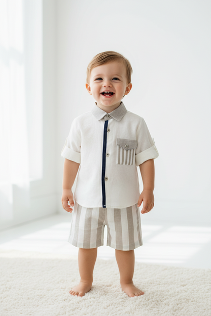Beige linen boys shorts set made in Italy