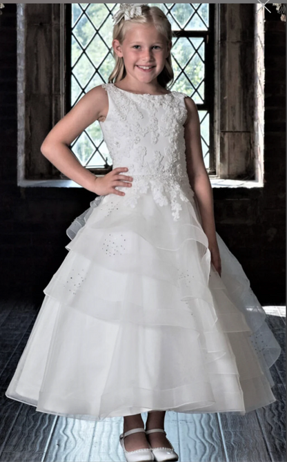 Girls communion Dress by Macis with lace and layers