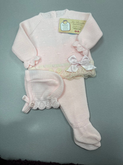 Newborn girls pink knit 3pc pant set J733