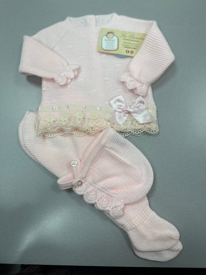 Newborn girls pink knit 3pc pant set J733