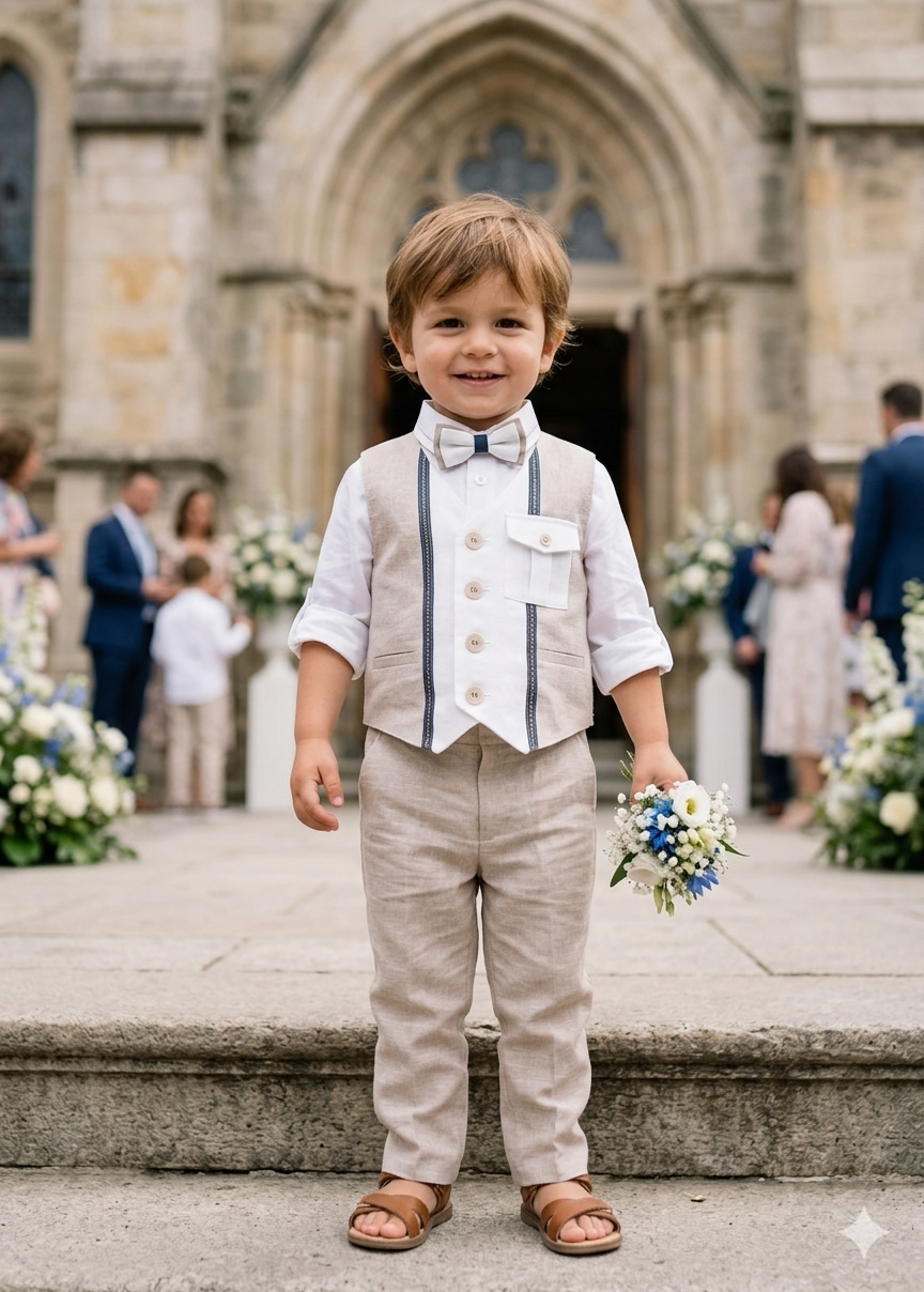 Boys Linen Suit Set – Vest, Shirt, Pants & Bow Tie