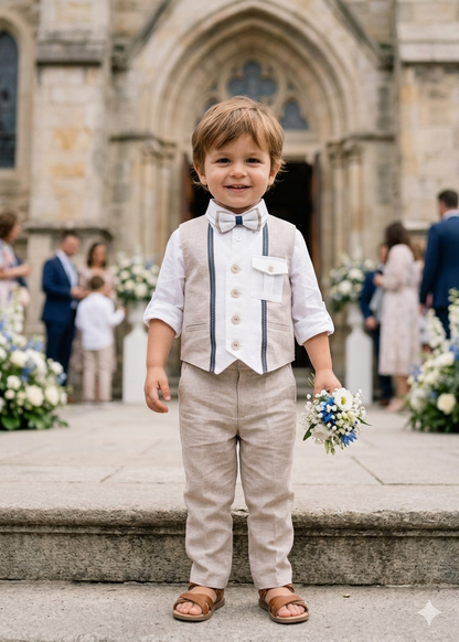 Boys Linen Suit Set – Vest, Shirt, Pants & Bow Tie