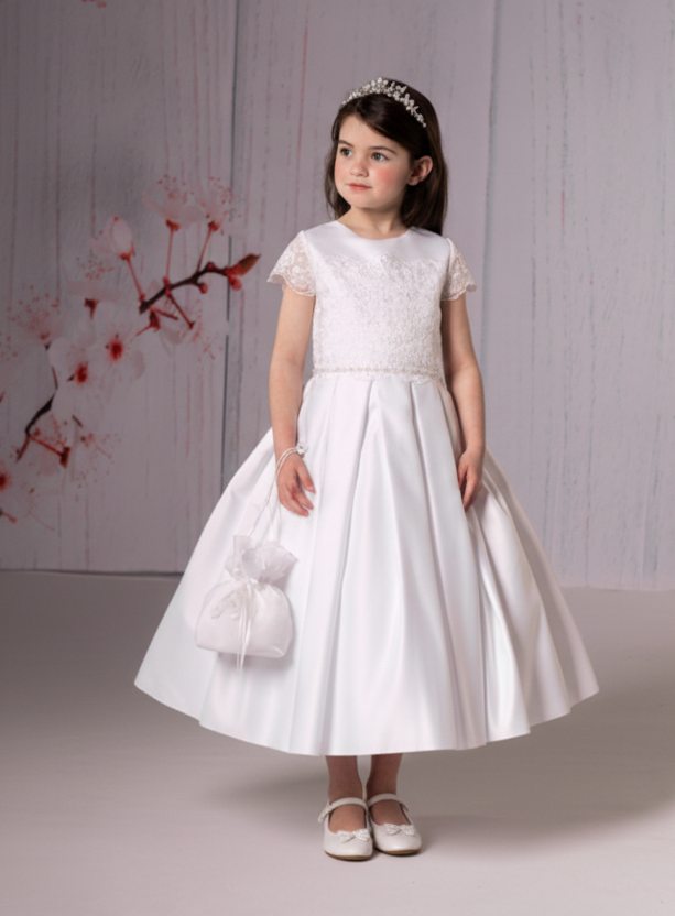 White Satin Bottom Pleated Flower Girl Gown Sienna Rose SR711