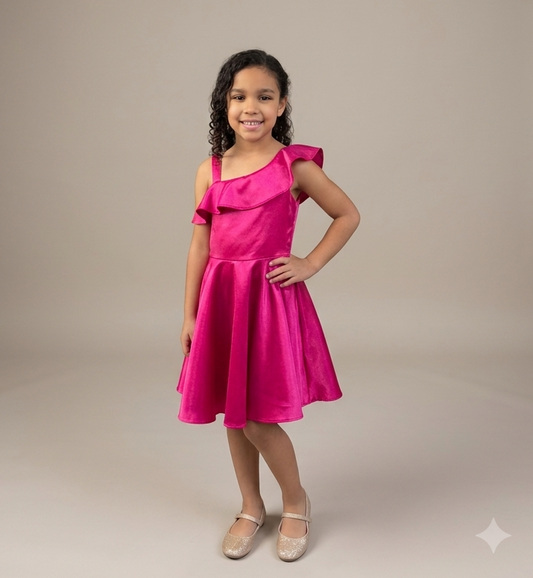 Girls Hot Pink One-Shoulder Satin Dress