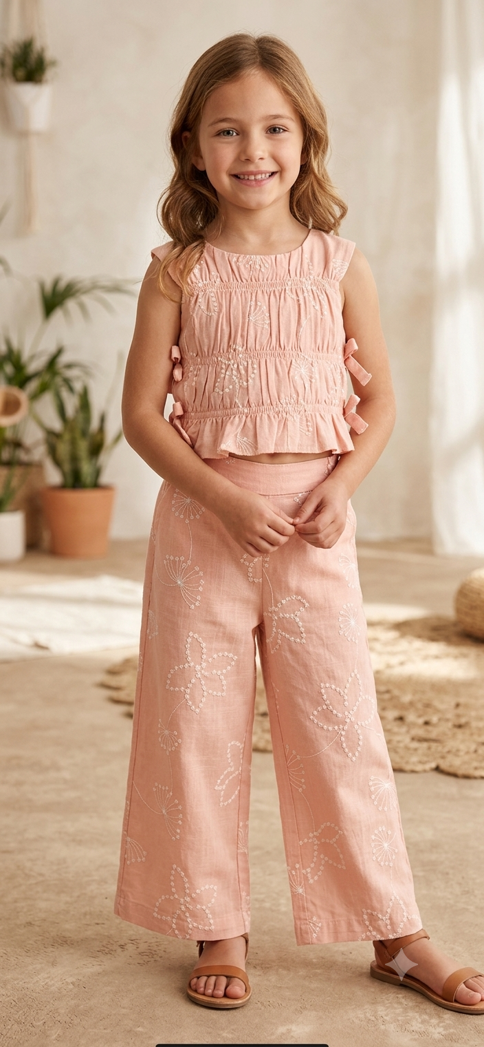 Girls' Blush Smocked Top & Floral Wide-Leg Pants Set