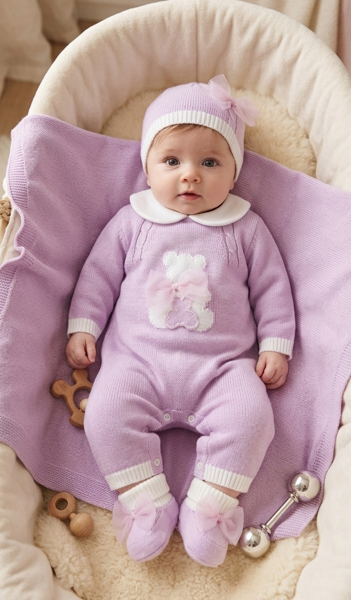 Lavender Pink Knit Baby Layette Set – 4-Piece Newborn Coming Home Outfit Made In Italy