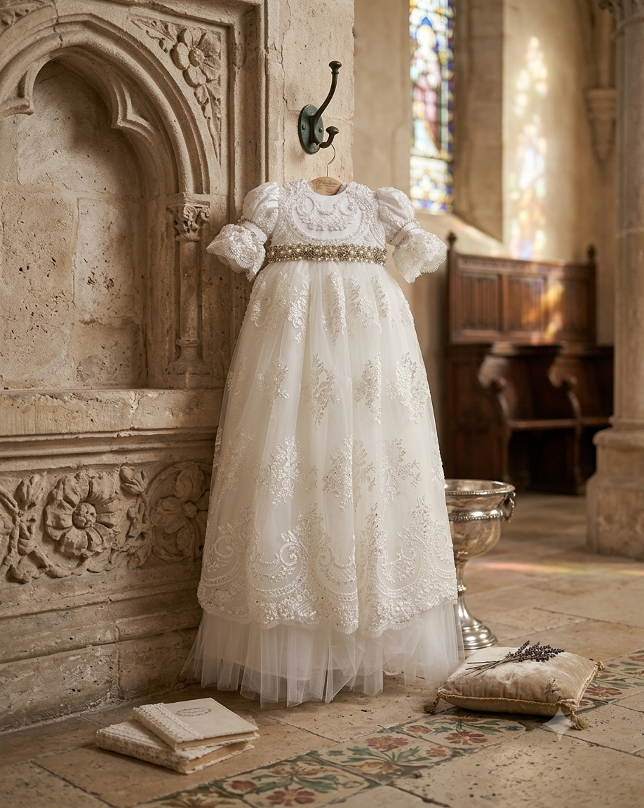 Annabelle Luxery pearls and lace christening gown with matching Bonnet