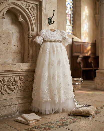 Annabelle Luxery pearls and lace christening gown with matching Bonnet