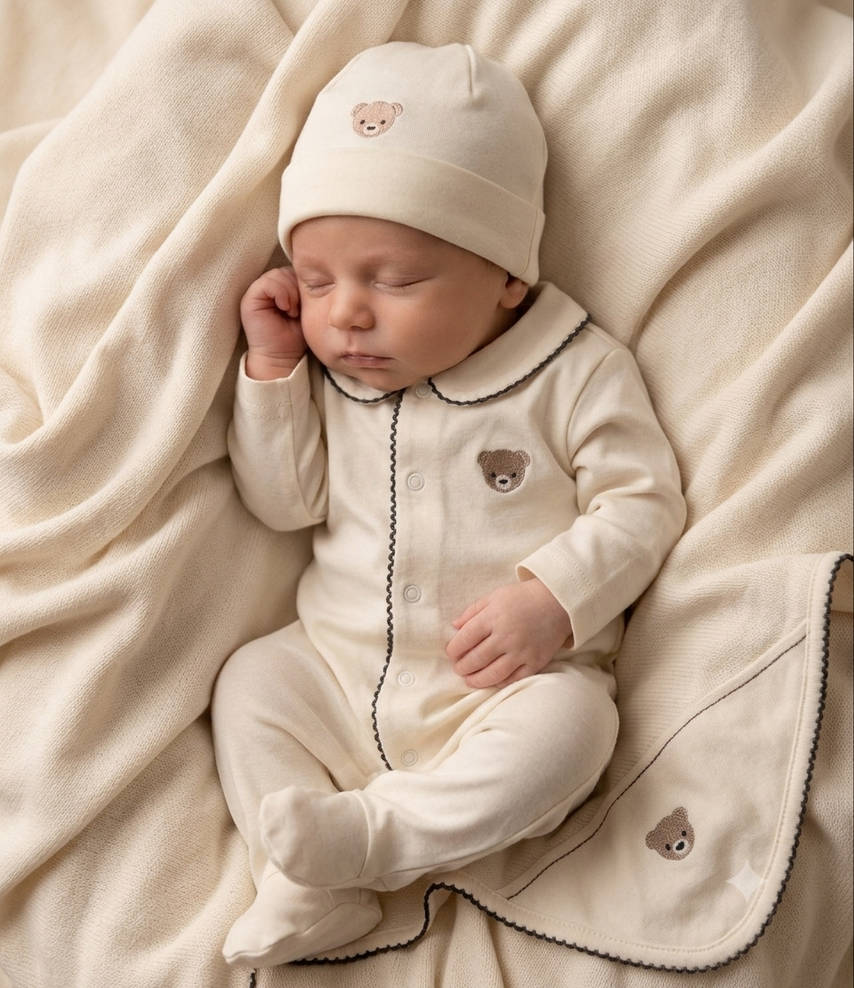 Tan Baby Bear Embroidered Take-Home Set