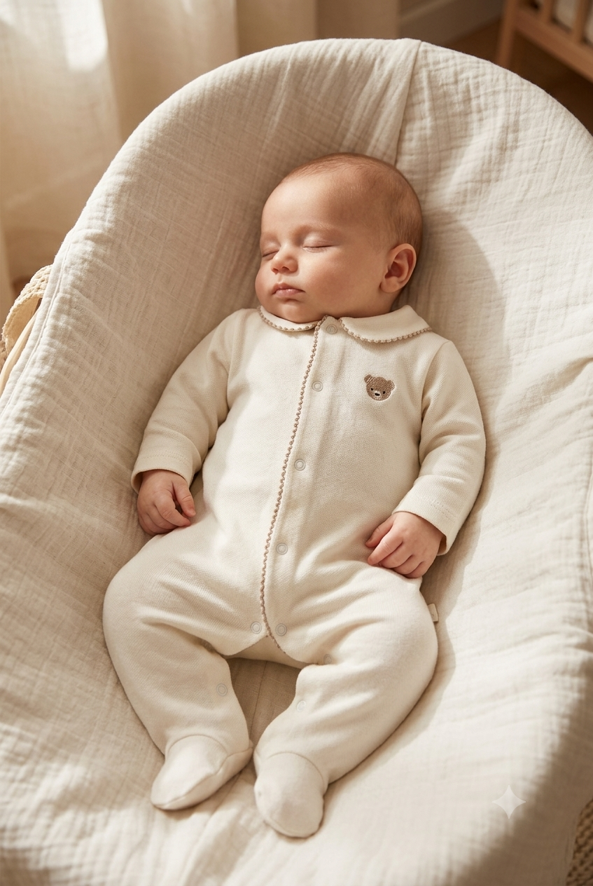 Tan Bear Embroidered Baby Footie with Peter Pan Collar