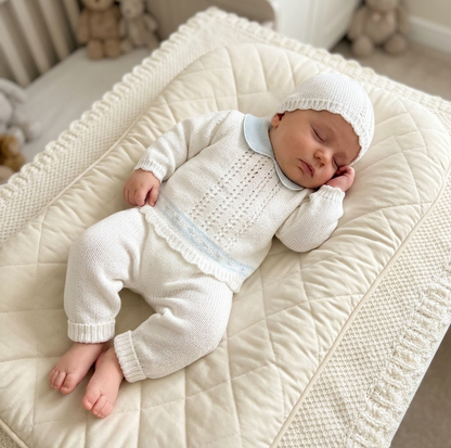 Baby Knit Layette Set with Blanket — White & Blue