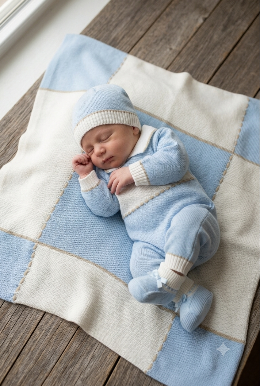 Baby Blue Knit Take-Home Set with Blanket Made In Italy
