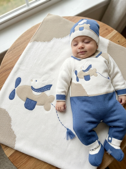 Baby Boy Knit 3-Piece Take-Me-Home Set — Navy, White & Taupe Made In Italy