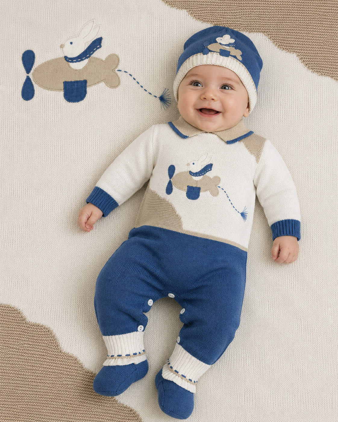 Baby Boy Knit 3-Piece Take-Me-Home Set — Navy, White & Taupe Made In Italy