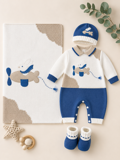 Baby Boy Knit 3-Piece Take-Me-Home Set — Navy, White & Taupe Made In Italy