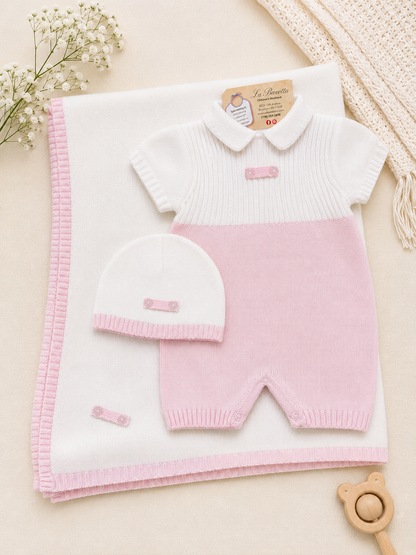 Pink & White Knit Baby Layette Set — Romper, Hat & Blanket