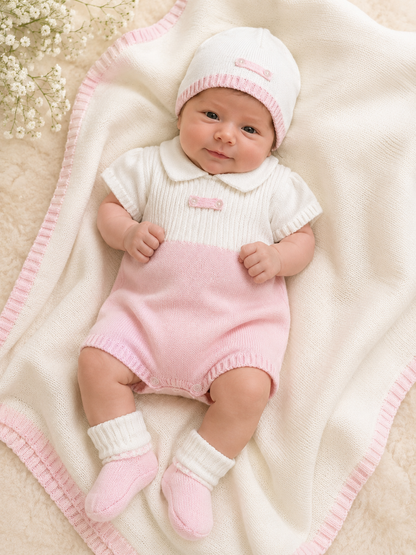 Pink & White Knit Baby Layette Set — Romper, Hat & Blanket
