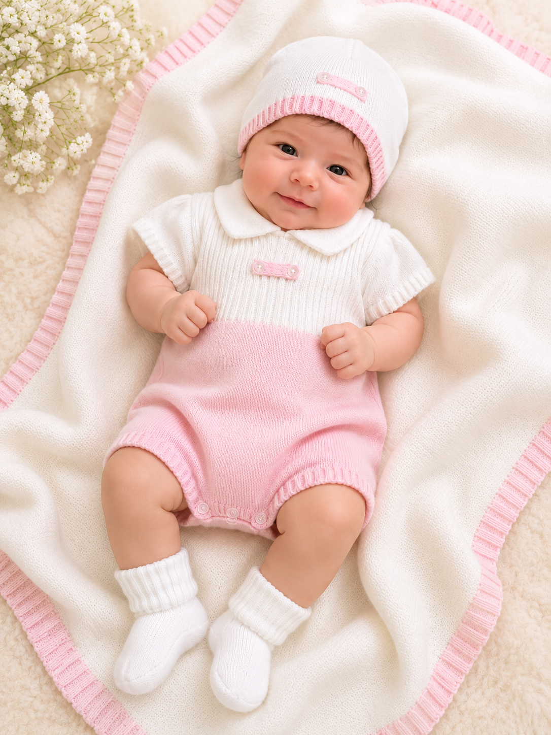 Pink & White Knit Baby Layette Set — Romper, Hat & Blanket
