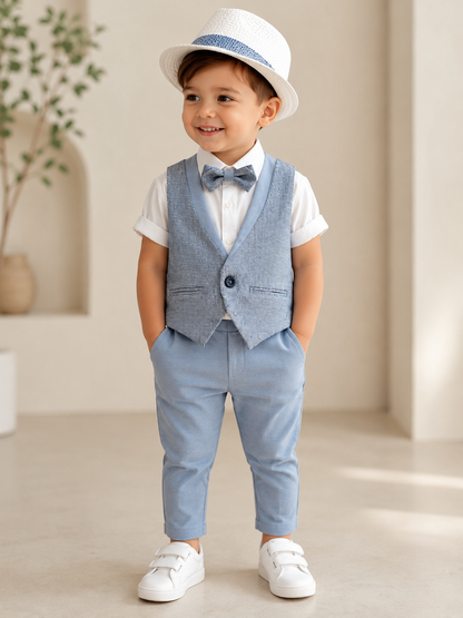 Boys 4-Piece Formal Outfit Set – White Shirt, Textured Vest, Bow Tie & Light Blue Pants