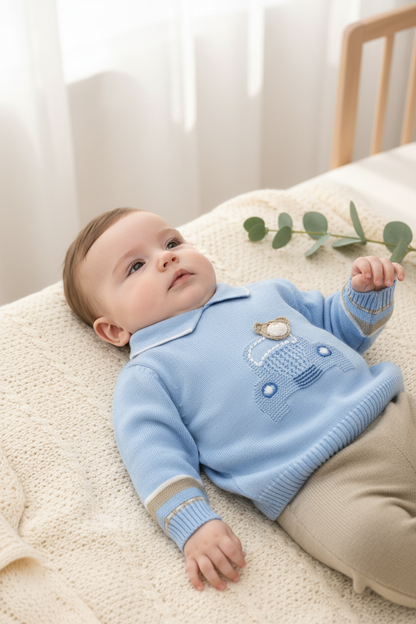 Baby Boy Knit Set – Blue & Beige Teddy Bear Made In Italy
