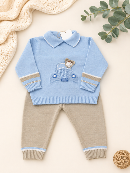 Baby Boy Knit Set – Blue & Beige Teddy Bear Made In Italy