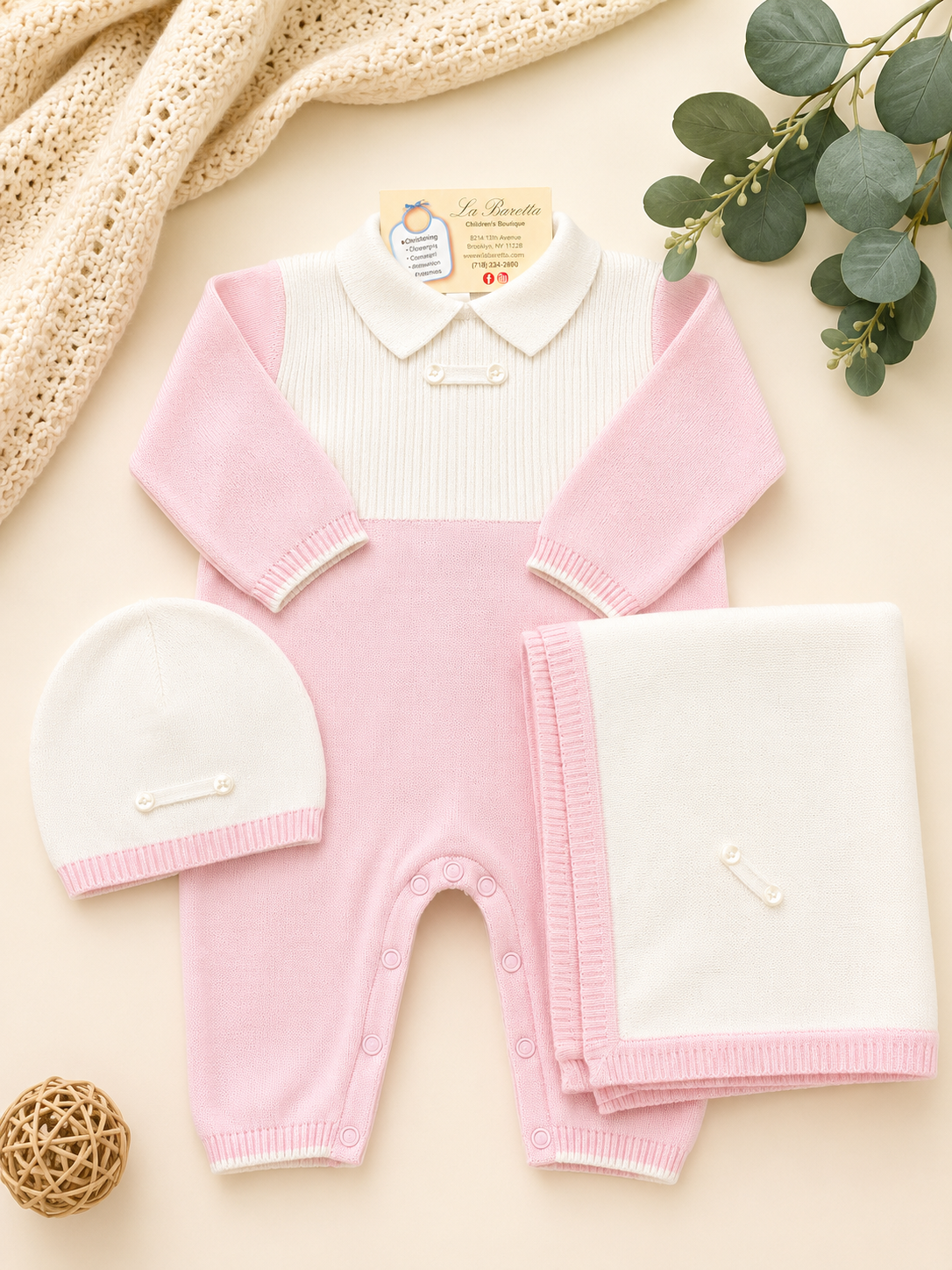 Baby Girl Knit Take-Home Set – Pink & White 3-Piece