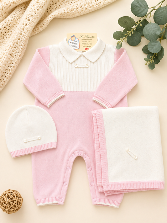 Baby Girl Knit Take-Home Set – Pink & White 3-Piece
