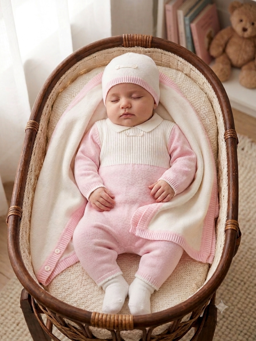 Baby Girl Knit Take-Home Set – Pink & White 3-Piece