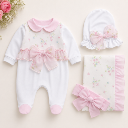 Pink Floral Baby Take-Home Set — Footed Romper, Hat, & Blanket Made In Italy